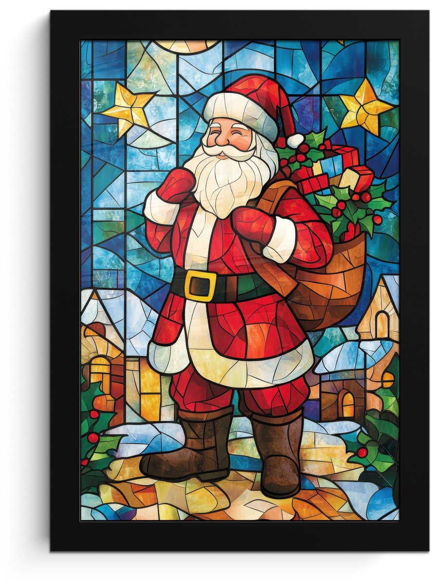 FrameYourWall Poster in lijst - Fotolijst 20x30 cm - Posters - Kerstman - Glas - Kleurrijk - Posterlijst zwart - Decoratie - Wanddecoratie woonkamer - Muurdecoratie slaapkamer - Kerstversiering - Kerstdecoratie voor binnen - Kerstmis