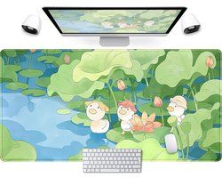 Groene leuke anime bureaumat Kawaii cartoon eenden gaming muismat grote anime meisje gamer muismat vrouwen kantoor decor bureau pad esthetische lotusblad laptop toetsenbord pad computer mat