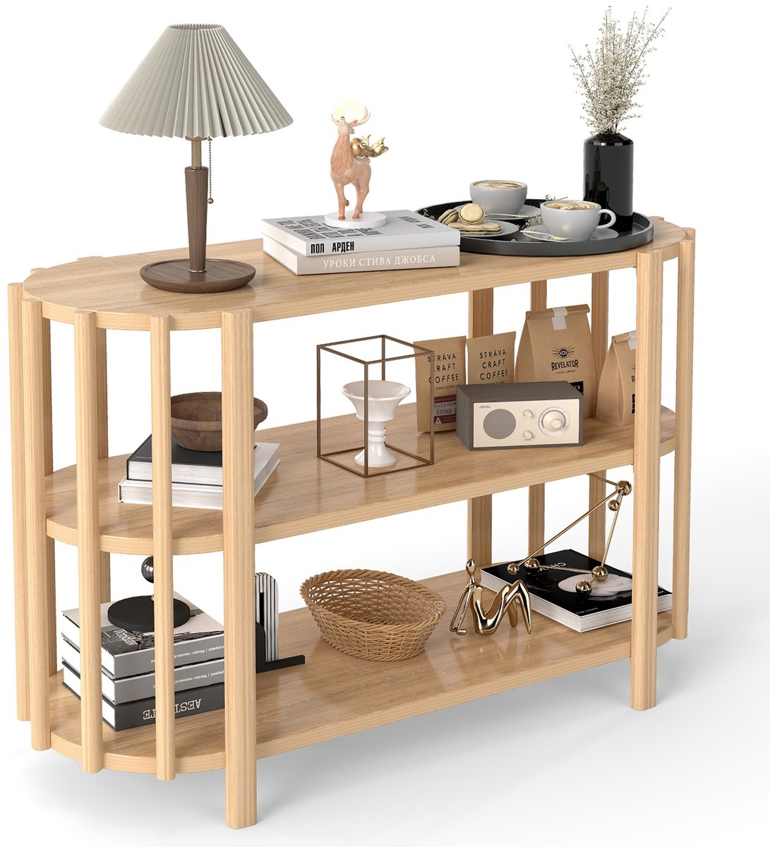 Sidetable Hout Ovaal met Opbergruimte – Console Tafel / Wandtafel – Ruimtebesparend Design – MDF 114x38x75cm