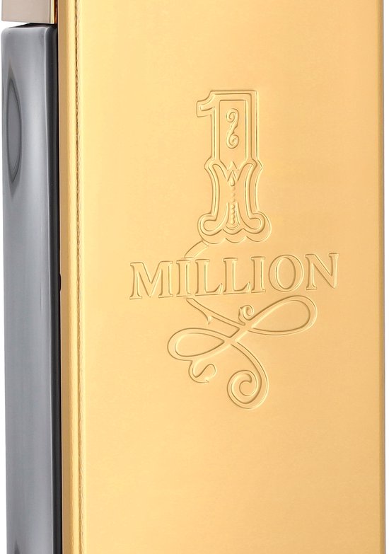 Gouden parfumflesje met zilverkleurige zijkant en reliëf logo.