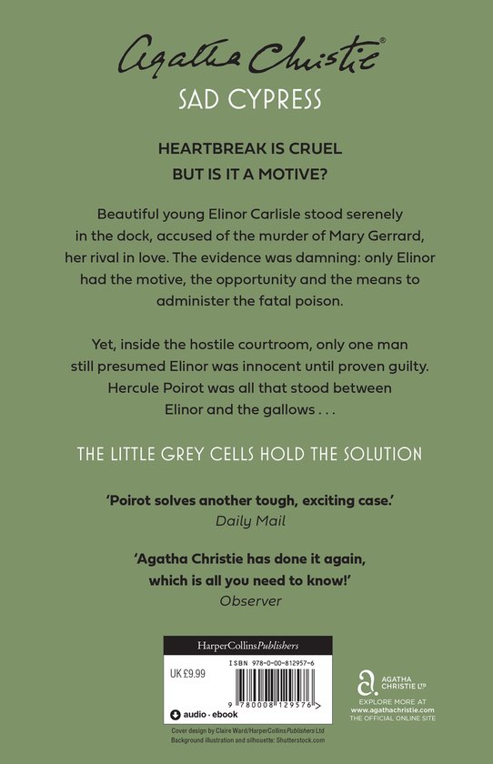 Boekcover Agatha Christie Sad Cypress met groen met takken en rozen, tekst: 'The little grey cells hold the solution'