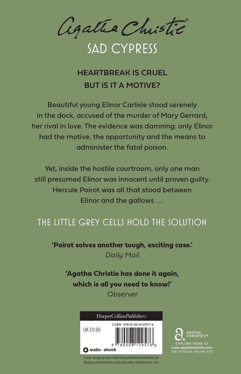Boekcover Agatha Christie Sad Cypress met groen met takken en rozen, tekst: 'The little grey cells hold the solution'