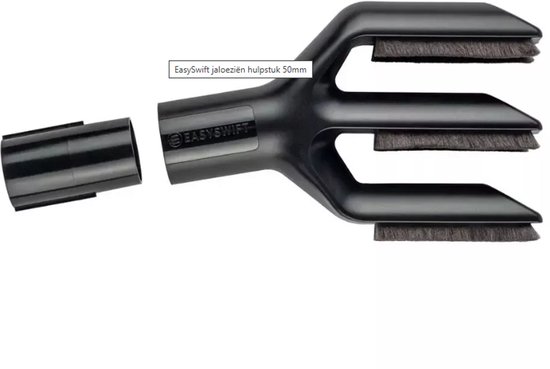 Zwart EasySwift opzetstuk met drie borstelbeklede lamellen en een adapter, voor het reinigen van jaloezieën.