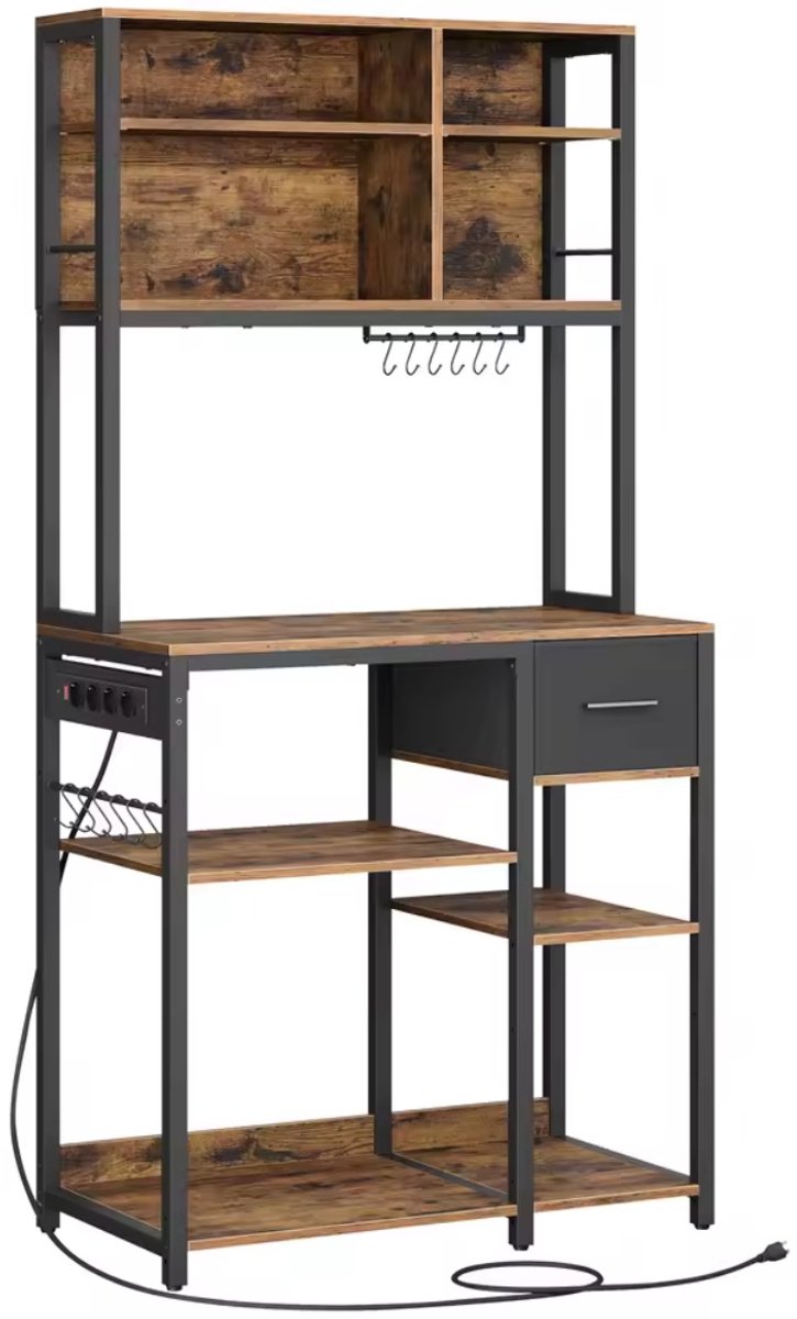 Keukenkast met Stopcontacten - Magnetronkast Organizer - Industrieel Keukenrek van Metaal & Hout - 40x80x180,4 cmcm - Zwart