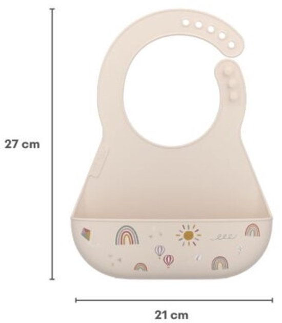 Een lichtbeige slab met regenboog-, zon- en luchtballoprint. Afmetingen: 27 cm hoog, 21 cm breed.