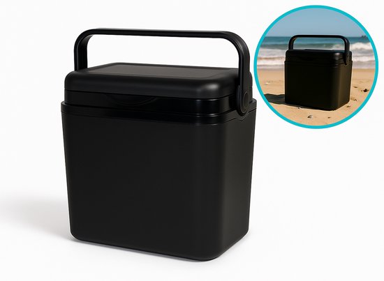 Zwarte koelbox met handvat, inzet toont koelbox op een zonnig strand.