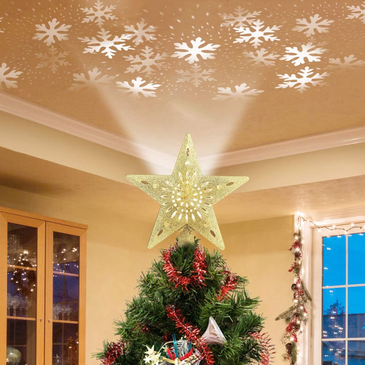 Projectorlamp - Sneeuw projector verlichting - Sneeuwvlokprojectorlamp - Kerstboom Topper - sneeuwvlokken licht projector voor Kerstmis - Snow Projector - LED-sneeuwspot voor binnen - huisdecoratie- Voor kerstboomversiering - Goud