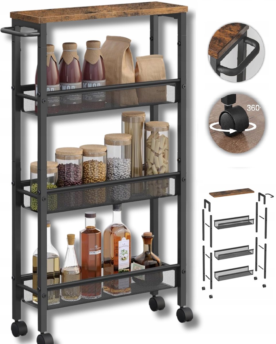 Keukentrolley op Wieltjes – Hout & Metaal – Industriële Serveertrolley met 3 Lagen – Vintage Bruin -IN-HOMEXL - 41x77x7cm