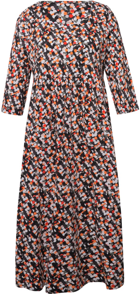 Ulla Popken Dames - Jersey jurk stippen carréhals 3/4-mouwen - Zwart - Maat 58+
