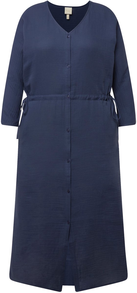 Ulla Popken - Dames - Bubble midi-jurk V-hals 3/4-mouwen biologisch katoen - Inktblauw - Maat 58+