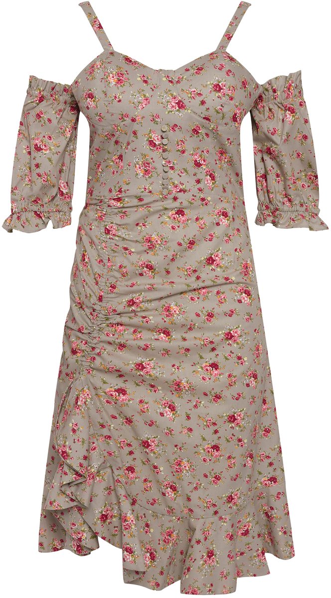 Ulla Popken - Dames - mini jurk rozen korte mouwen schoudervrij volantzoom - Beige - Maat 48