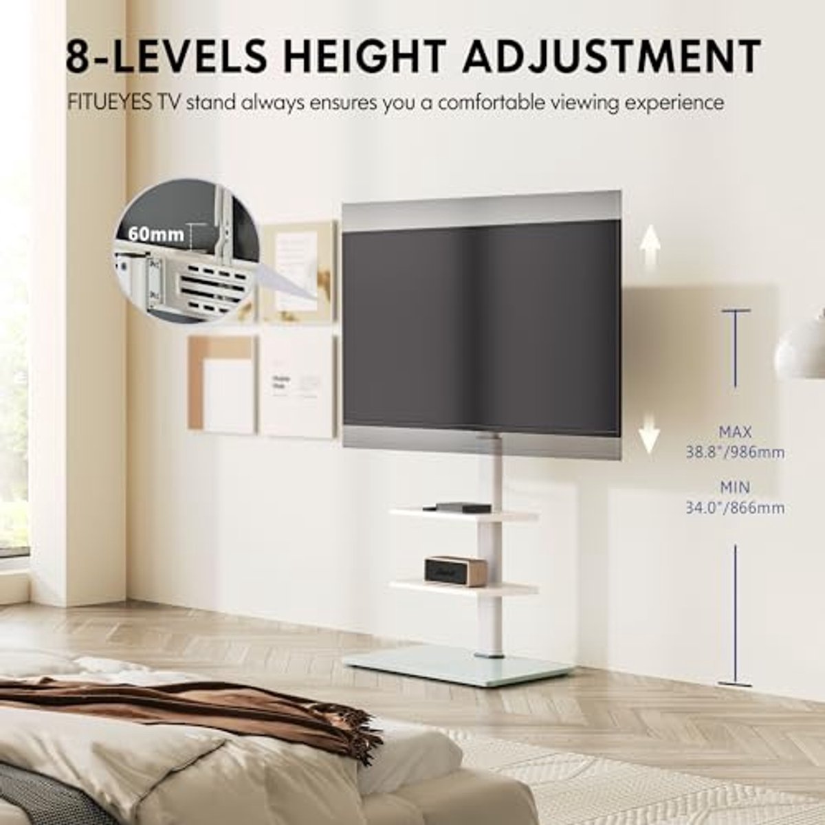 Tv Vloerstandaard met 3 Planken voor 32-60 Inch TV - Zwenkbaar en Hoogte Verstelbaar met Gecoat Glazen Basis