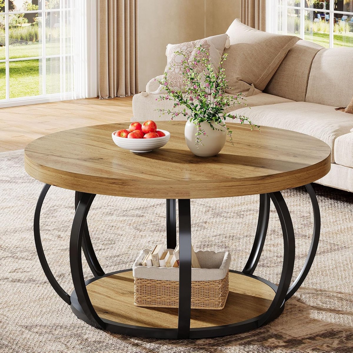 Tribesigns Ronde Salontafel - Salontafel met 2 Lagen en Opbergplanken - Moderne Houten Bijzettafel - Bruin - voor Woonkamer, Thuiskantoor - 80 x 80 x 45 cm