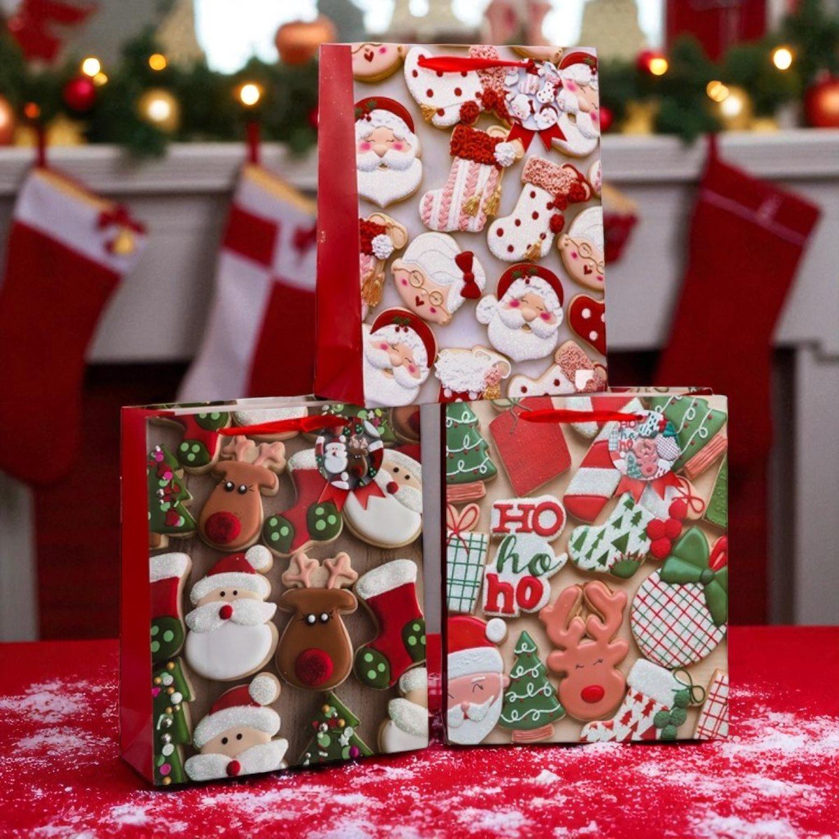 Set van 3 kerst cadeautasjes met koordhandvat – 12 x 30 x 42 cm, vrolijke prints