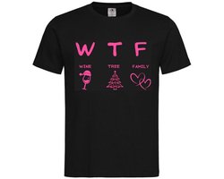T-shirt Unisex Volwassenen Fout Foute Kerst Kerstmis Wijn Vrouw Grappig Grappige Tekst "W T F Wine Tree Family" Op Voorkant | korte mouw | Zwart/roze | maat M