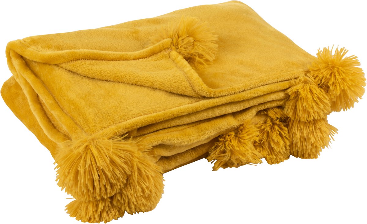 J-Line plaid Pompom - polyester - oker - 170 x 130 cm Geel