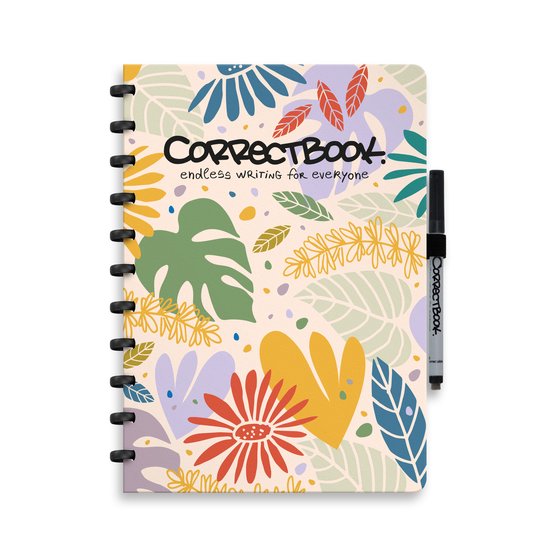 Cahier effaçable Correctbook A4 – Beauty botanique – Ligné – Réutilisable – Stylo et effaceur inclus – Possibilité d'ajouter des pages supplémentaires