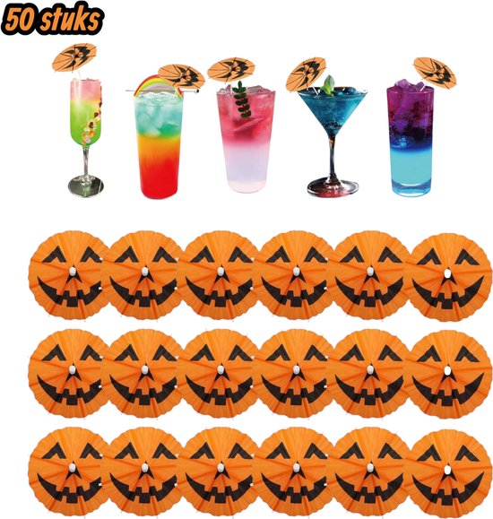 50 stuks - Halloween pompoen cocktail drank paraplu prikkers - Feestdecoraties - Papieren paraplu tandenstokers - Geschikt voor Halloween feestbenodigdheden - Pompoen paraplu prikkers - Fruit paraplu prikkers