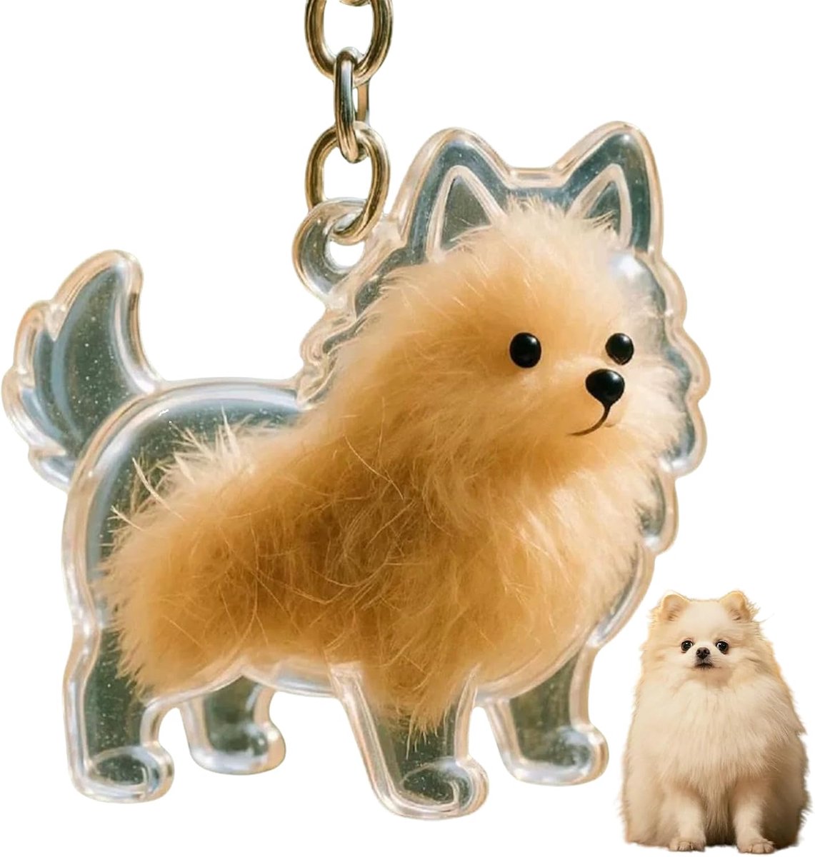 Daity Sleutelhanger met bedel voor hondenhaar - opbergdoos voor dierenhaar als herinnering - fles voor dierenhaar als herinnering in de vorm van een hond - zelfgemaakte capsule voor het verzamelen van dierenhaar (keeshond)