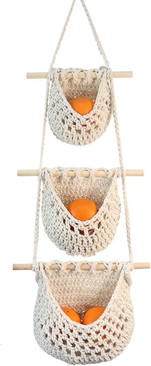 Hangende Fruitmand - 3-Laags Wandmodel - Handgevlochten Katoenen Rieten Mand - Opbergkorf Voor Keuken - Badkamer - Slaapkamer - Opbergen Fruit - Groenten - Sieraden - Decoratie - Woonkamer - Bohemian Stijl - Planken - Etagère