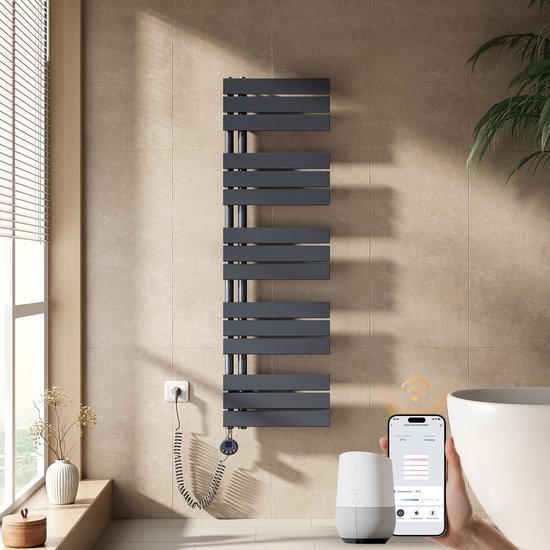 EMKE Elektrische Handdoekradiator - Slimme Bediening - APP Week Timer - 132x40cm - 600W - Mat Antraciet