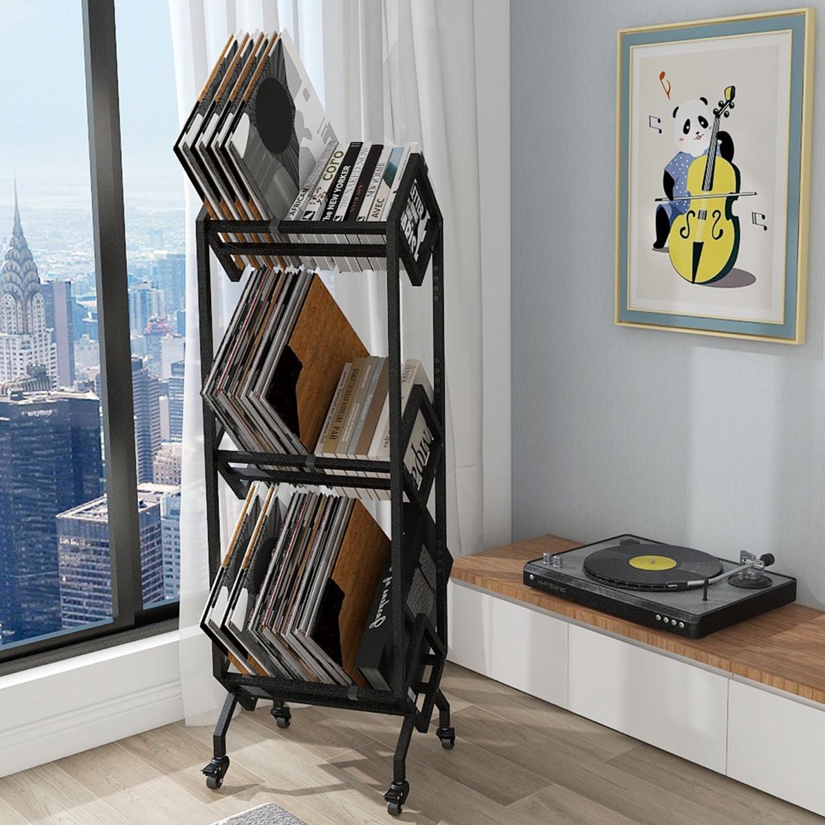 Azomor® Stijlvolle en Functionele Vinylplaten Kast met Drie Niveaus en Wielen