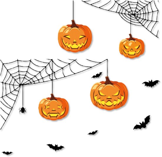 Vier hangende Halloween pompoenen met griezelige gezichten, spinnenwebben en vleermuizen op een witte achtergrond.