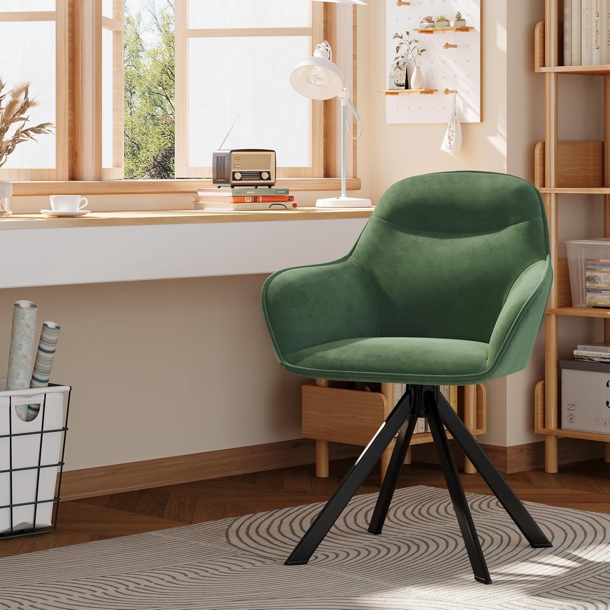 Draaibare Eetkamerstoelen Set van 6 – Ganeey Luxe Fluwelen Stoelen met Armleuning – Groene Eetkamerstoelen – Ergonomische Draaistoelen – Keukenstoelen met Metalen Poten en Comfortabele Rugleuning – Modern Design