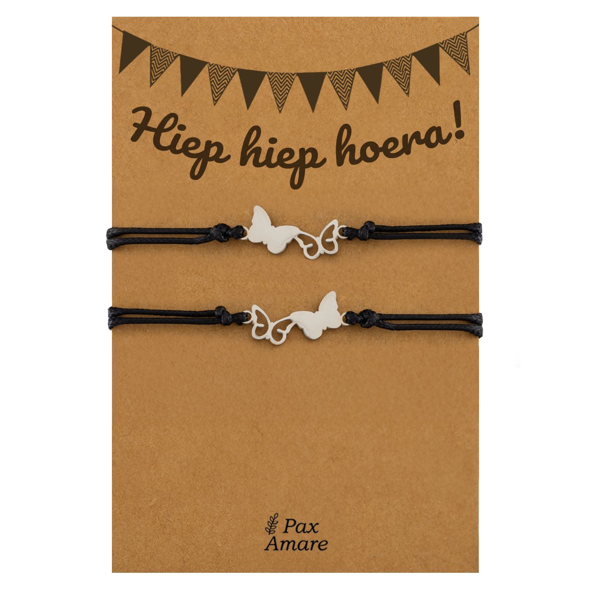 Vriendschapsarmbandjes voor 2 "Hiep Hiep Hoera" - Vlinders - BFF Armbandjes met Verjaardags Cadeau Kaartje - Zilverkleurig - Elastisch Verstelbaar - Pax Amare