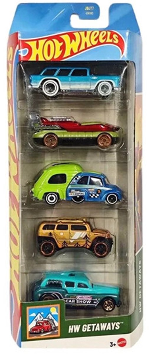 HOT WHEELS GETAWAYS HW SET 5 IN BOX HOVER STORM, CLASSIC NOMAD, RV THERE YET, ROKSTER, COCKNEY CAB II 1:64