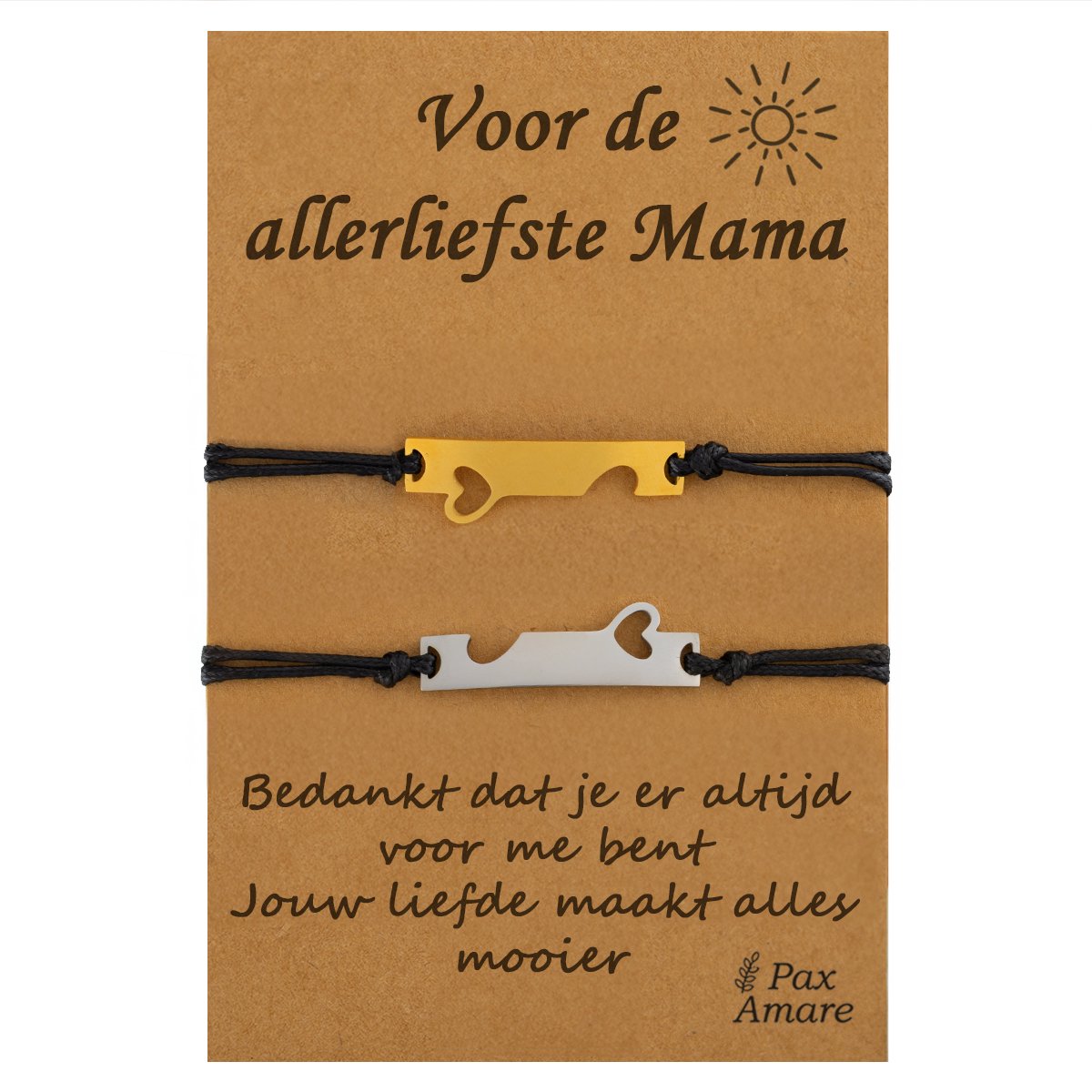 Moeder Kind Armbandjes voor 2 "Voor de Allerliefste Mama" - Aangesloten Hartjes - Vriendschapsarmbandjes met Persoonlijk Cadeau Kaartje - Zilverkleurig & Goudkleurig - Elastisch Verstelbaar - Pax Amare