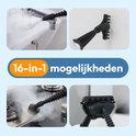 Tijdlijnfoto's van de stoomreiniger die een kraan, een muur, een fornuis en een douche schoonmaakt met accessoires.