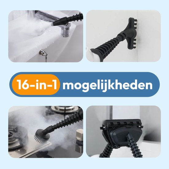 Tijdlijnfoto's van de stoomreiniger die een kraan, een muur, een fornuis en een douche schoonmaakt met accessoires.