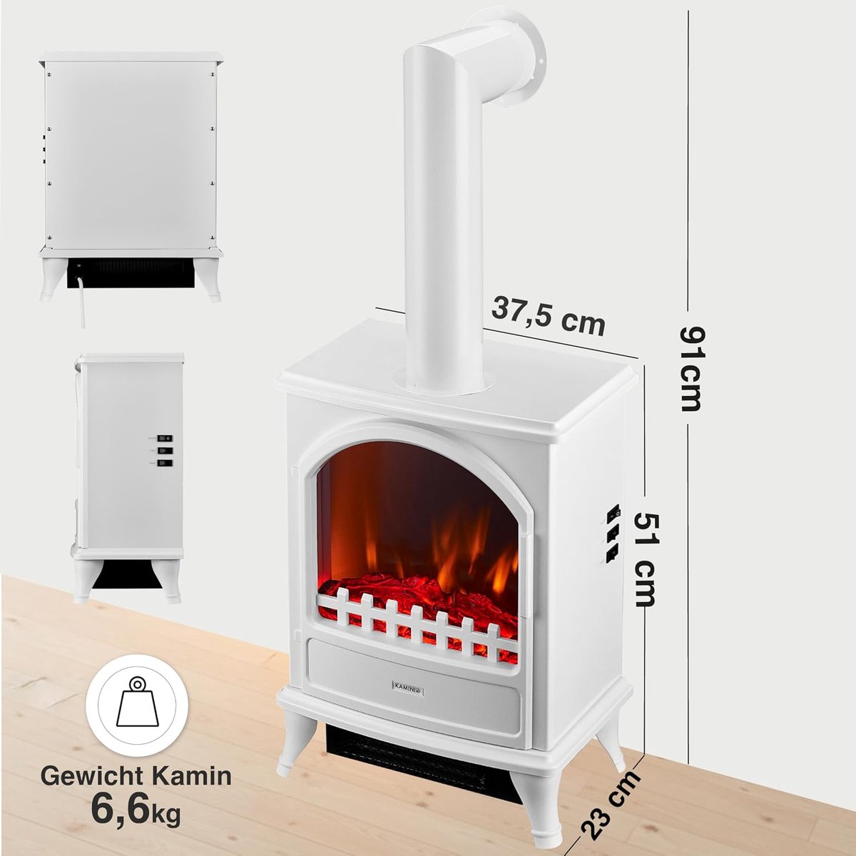 Elektrische Haard Ganeey LumaFire 3D Wit met Buis – 2000W Vrijstaand – Realistisch 3D Vlameffect – Verwarming met LED-Vlammen & Oververhittingsbeveiliging – Moderne Sfeerkachel voor Woonkamer & Slaapkamer – Energiezuinig Plug & Play Design
