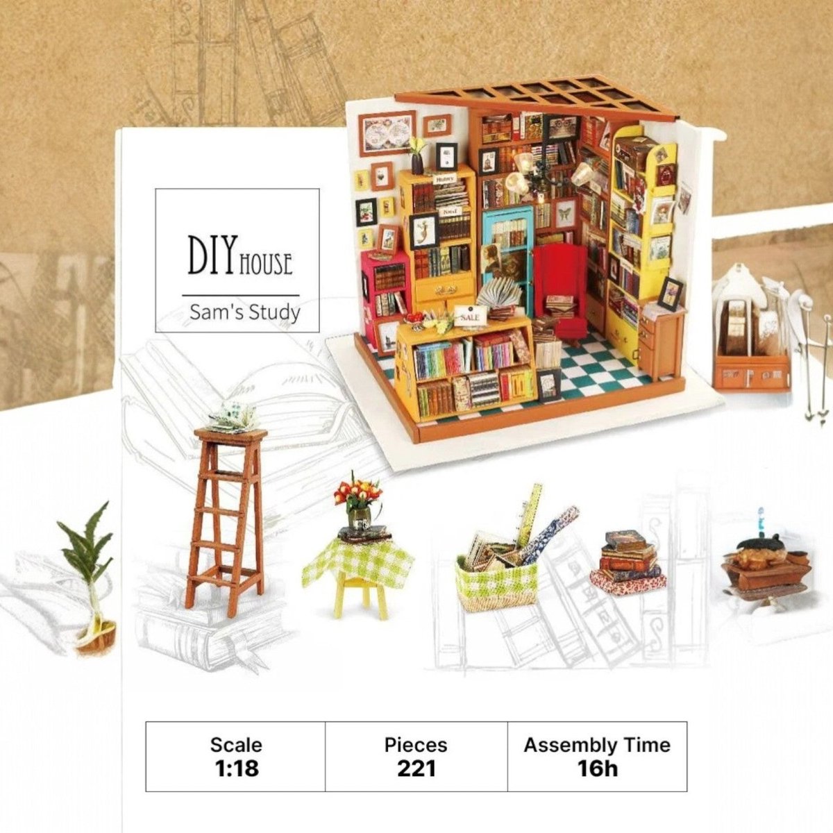 Robotime modelbouw Miniatuur bouwpakket Sam's Study hout/papier/kunststof - 190mm hoog x 225mm breed x 185mm diep - met lampje — afbeelding 19