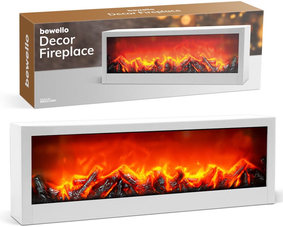 Bewello - Mobiele Elektrische Sfeerhaard voor op een schouw of tafel - WIT - Open Haard met LED-vlameffect - werkt op batterij of USB- 60 x 10 x 20 cm