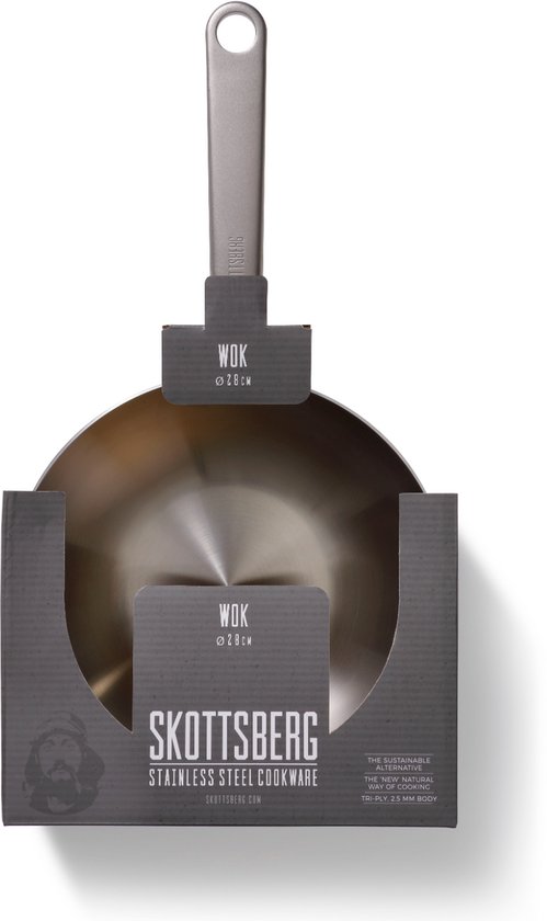 Skottsberg wokpan van roestvrij staal, ø 28 cm, in verpakking.
