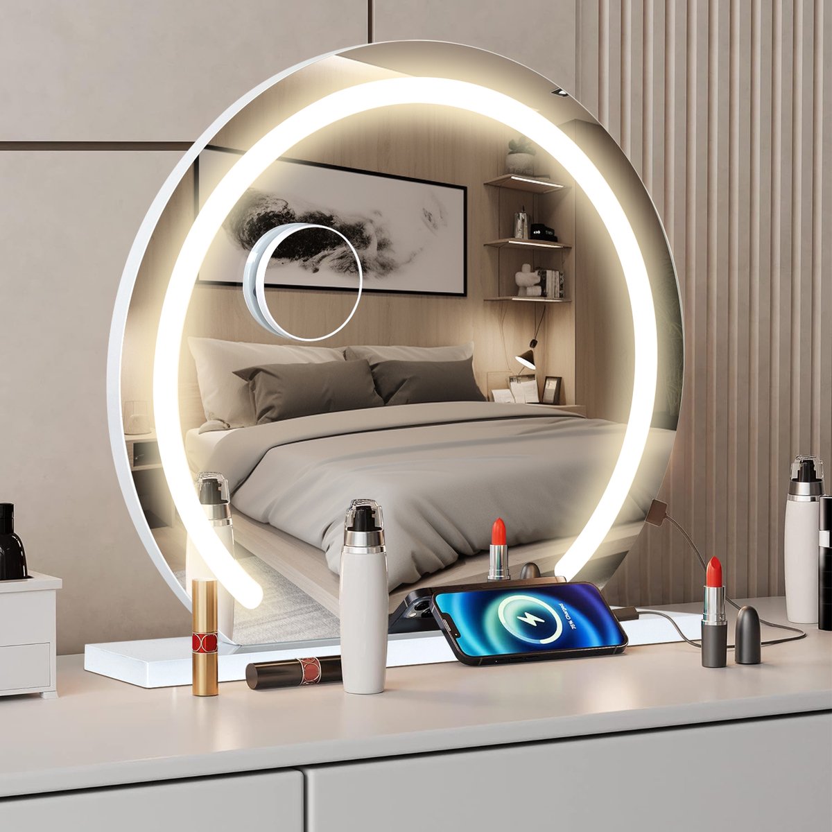 Puluomis Hollywood Spiegel 60CM - Rond - LED-lichtstrips - Make Up Spiegel met verlichting - USB Oplaadpoort - 10x Vergroting - 3 lichtstanden - Dimbaar - Smart Touch