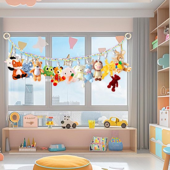 2 stuks - Pluche dierenhangmathoek - 2m pluche dierenopbergrek - Voor knuffels - Voor babykamerdecoratie - Hangend pluche dierenroosterrek - Voor muur of hoek - Bevat 40 clips — afbeelding 4