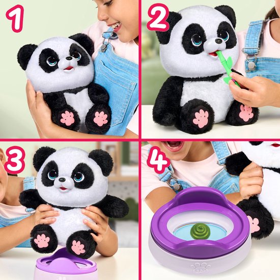 Collage van 4 afbeeldingen: 1. Meisje met panda. 2. Panda eet bamboe. 3. Panda op potje. 4. Panda poept.