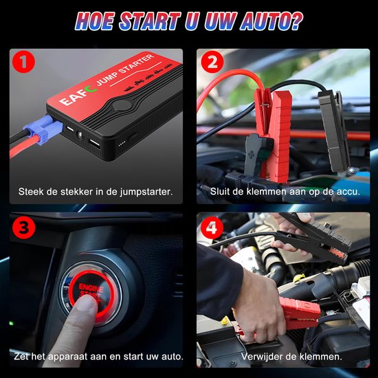 Instructies om een auto te starten met de EAFC jump starter: steek de stekker, sluit de klemmen aan, zet de auto aan.