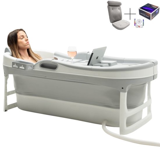 HelloBath® Opvouwbaar bad - Grijs - XL James - 148cm lang - Inklapbaar Zitbad - Bath Bucket - Incl. Badkussen, Badlamp & Opberghoes