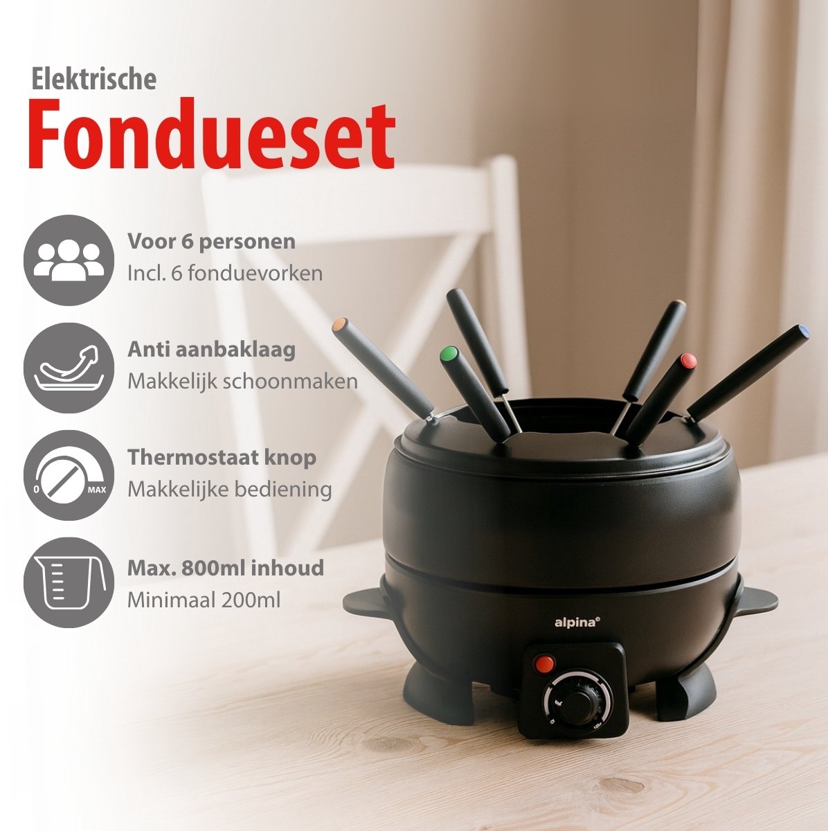alpina Fondueset Elektrisch 800W – Fonduepan 2L voor 6 Personen - Geschikt voor Kaasfondue en Chocolade Fondue – Incl. Fonduevorken – Instelbare Temperatuur – RVS met Antiaanbaklaag – foto 2