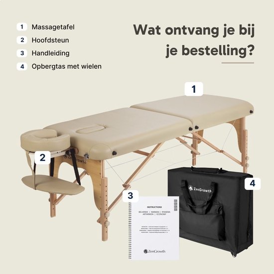 ZenGrowth® Gavia Massagetafel Beige – Traagschuim matras - Incl. Draagtas met wielen – 213cm x 70cm – Hoogte verstelbaar 60 tot 89 cm – Behandeltafel