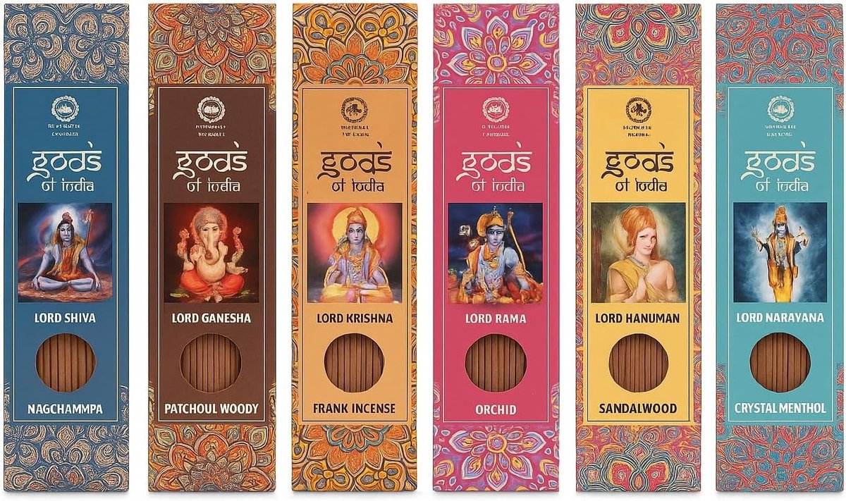 Gods of India Räucherstäbchen Geschenkset 6 x 20 – 6 geurende Indiase wierooksoorten + houder | Orchidee, Nag Champa, Sandelhout, Patchouli, Minz-Kristal & Weihrauch | Voor ontspanning, yoga & meditatie met Kajal Sticker