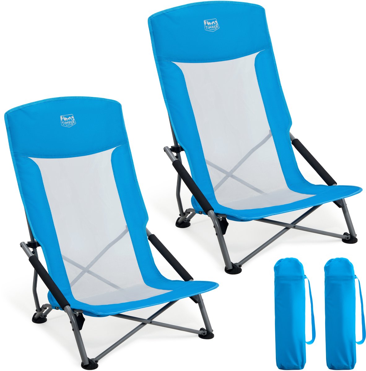 TIMBER RIDGE 2 Stuks Strandstoelen - Opvouwbaar & Lichtgewicht - 150KG draagvermogen - Hoge mesh rugleuning - Voor strand & camping - Blauw