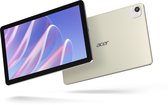 Zilverkleurige Acer tablet, schuin van voren, met kleurrijk scherm en zilveren achterkant met camera.