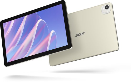 Zilverkleurige Acer tablet, schuin van voren, met kleurrijk scherm en zilveren achterkant met camera.