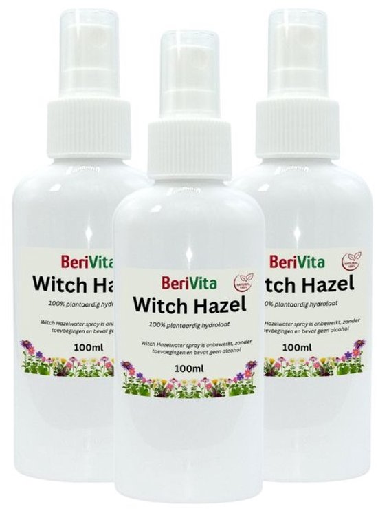 Drie Berivita Witch Hazel 100ml spuitflessen op een witte achtergrond. Elk met een etiket met tekst en bloemen.