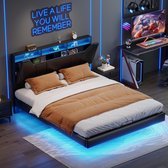 Lit double rembourré 140x200 cm avec LED, lit coffre hydraulique, lit fonctionnel avec tête de lit coffre et prise de courant, lit jeune, tête de lit réglable, sans Matras, PU Zwart
